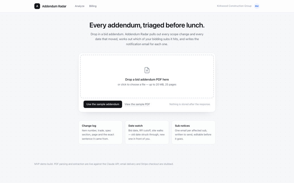 Addendum Radar — PDF bid addendum → scope changes + sub emails